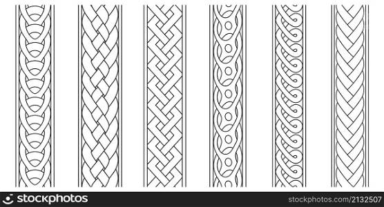 Braid borders. Abstract braids border set, religious knitted seamless ornaments, linear knitted striped decorative ropes vector graphics, weaving intertwined line patterns isolated on white. Braid borders. Abstract braids border set, religious knitted seamless ornaments, linear knitted striped decorative ropes vector graphics, weaving intertwined line patterns