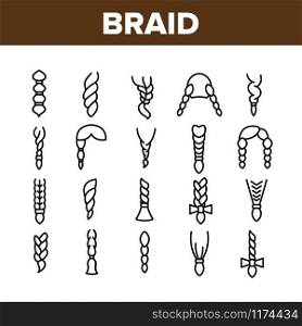 Braid Bread Hairstyles Collection Icons Set Vector Thin Line. Long Female Braid, Braided Hair Style With Bow-knot, Fashion Pigtail Concept Linear Pictograms. Monochrome Contour Illustrations. Braid Bread Hairstyles Collection Icons Set Vector