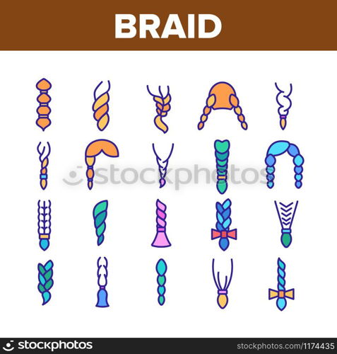 Braid Bread Hairstyles Collection Icons Set Vector Thin Line. Long Female Braid, Braided Hair Style With Bow-knot, Fashion Pigtail Concept Linear Pictograms. Color Contour Illustrations. Braid Bread Hairstyles Collection Icons Set Vector