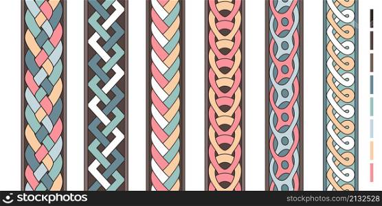 Braid lines. Wicker borders, colored knoted patterns, braided intertwined ropes, vector twist striped ornaments, curly braiding line strings vector set isolated on white background. Braid lines. Wicker borders, colored knoted patterns, braided intertwined ropes, vector twist striped ornaments, curly braiding line strings vector set isolated on white