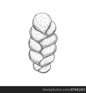 Braided bread isolated monochrome sketch. Vector bakery product of wheat dough, pastry food. Pastry food, braided bread isolated vector sketch