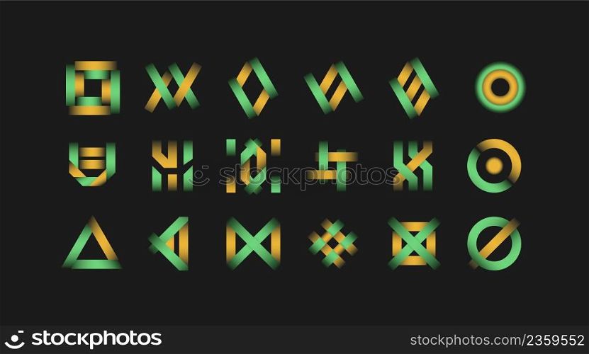 Braided stripes geometric shapes design set. Collection of colorful elements. Editable figures for poster decoration. Pack with trendy graphic elements. Creative and customizable icons. Braided stripes geometric shapes design set