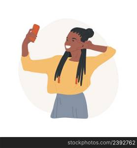 Braids isolated cartoon vector illustration Teenager with braids taking selfie, natural beauty, having new hairstyle, beautiful and smiling girl showing tongue and grimacing vector cartoon.. Braids isolated cartoon vector illustration