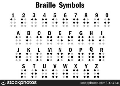 Braille alphabet letters in a row. Braille table. Vector illustration. Eps 10. Stock image.. Braille alphabet letters in a row. Braille table. Vector illustration. Eps 10.