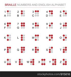 Braille number and English alphabet vector set. Alphabet for disabled people or blind. World braille day concept. Louis braille. Isolated white background. Sign and Symbol theme