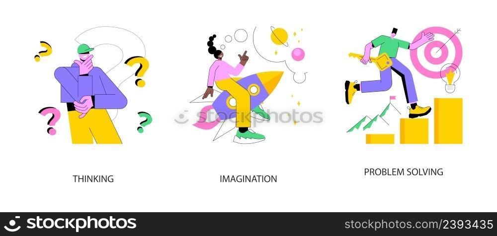 Brain activity abstract concept vector illustration set. Thinking and imagination, problem solving, brainstorming, idea and fantasy, motivation and inspiration, find solution abstract metaphor.. Brain activity abstract concept vector illustrations.