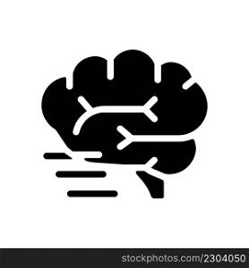 Brain activity black glyph icon. Human body organ. Mental and intellectual activity. Dynamic movement. Silhouette symbol on white space. Solid pictogram. Vector isolated illustration. Brain activity black glyph icon