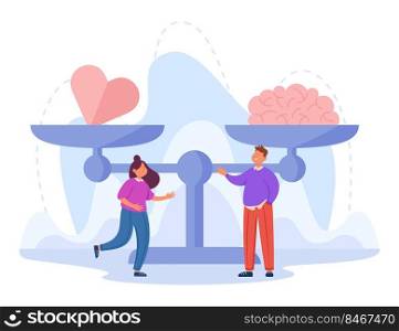 Brain and heart on huge scales. Emotional woman with intuition, smart man with logical thinking, balance between feelings and logic flat vector illustration. Love, emotions, intelligence concept