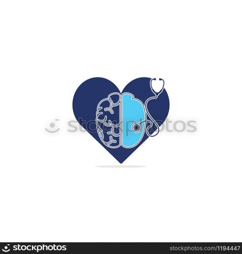 Brain and stethoscope with heart shape vector logo design. Neurology concept logo design.