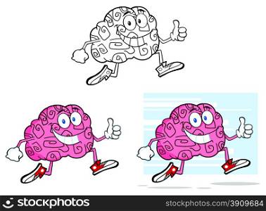 Brain Cartoon Character Jogging And Giving A Thumb Up. Collection Set