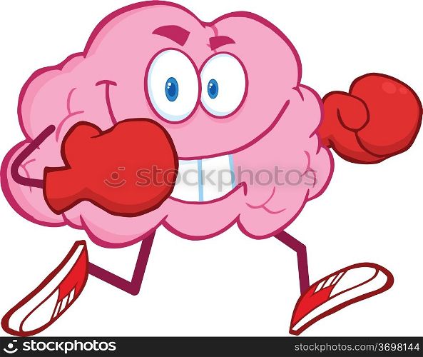 Brain Cartoon Character Running With Boxing Gloves