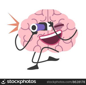Brain character curious mind looking for answers. Isolated personage with binoculars looking in distance. Learning and development, getting knowledge base or wisdom. Vector in flat style illustration. Curious brain, mind character with binoculars