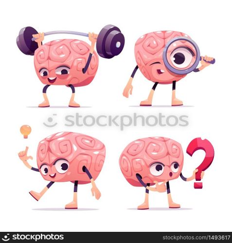 Brain characters, cute cartoon mascot with funny face exercising with barbell, look in loupe, have great idea, hold question mark. Happy, smiling emotions. Vector illustration, isolated icons set. Brain characters, cartoon mascot with funny face
