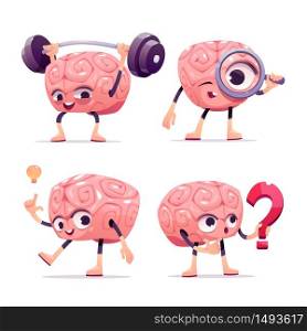 Brain characters, cute cartoon mascot with funny face exercising with barbell, look in loupe, have great idea, hold question mark. Happy, smiling emotions. Vector illustration, isolated icons set. Brain characters, cartoon mascot with funny face