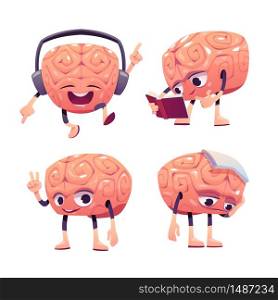 Brain characters, cute cartoon mascot with funny face listening music in headset, reading book, greeting, suffer of headache. Sad, happy, smiling emotions. Vector illustration, isolated icons set. Brain characters, cartoon mascot with funny face