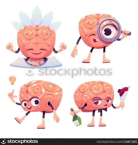 Brain characters, cute cartoon mascot with funny face meditating in lotus pose, have creative idea, dating and look in magnifying glass. Relaxed, happy, curious emotions. isolated vector icons set. Brain characters, cartoon mascot with funny face