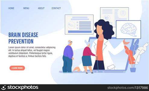 Brain Disease Prevention, Early Determination, Treatment. Cartoon Old Senior Man and Aged Woman Pensioner Having Online Doctor Consolation. Flat Landing Page Layout Design. Vector Illustration. Brain Disease Prevention Treatment Landing Page