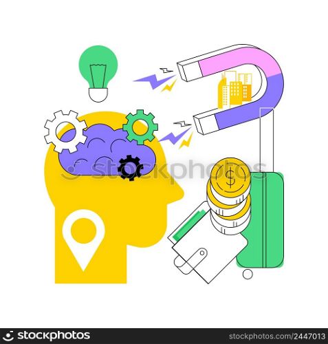 Brain drain abstract concept vector illustration. Emigration of qualified people, trained workers, human capital flight, buisness start up, man with suitcase, leave country abstract metaphor.. Brain drain abstract concept vector illustration.