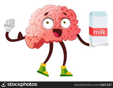 Brain drinking milk, illustration, vector on white background.