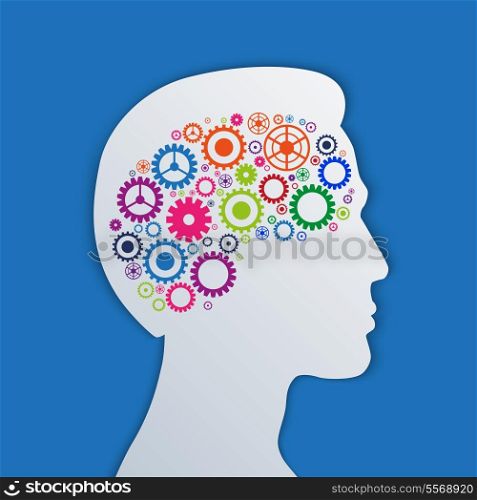 Brain gears in the head, human thinking concept vector illustration