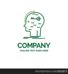brain, hack, hacking, key, mind Flat Business Logo template. Creative Green Brand Name Design.