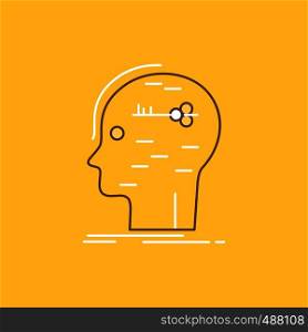 brain, hack, hacking, key, mind Flat Line Filled Icon. Beautiful Logo button over yellow background for UI and UX, website or mobile application. Vector EPS10 Abstract Template background