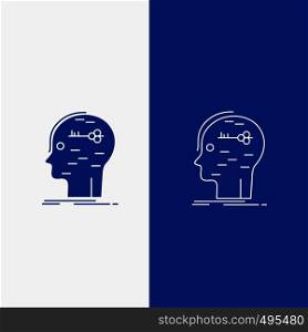 brain, hack, hacking, key, mind Line and Glyph web Button in Blue color Vertical Banner for UI and UX, website or mobile application. Vector EPS10 Abstract Template background