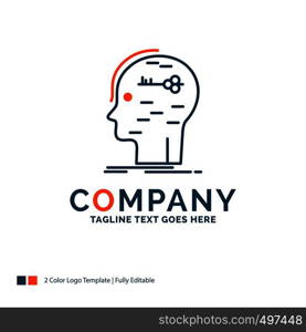 brain, hack, hacking, key, mind Logo Design. Blue and Orange Brand Name Design. Place for Tagline. Business Logo template.