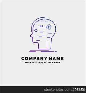 brain, hack, hacking, key, mind Purple Business Logo Template. Place for Tagline. Vector EPS10 Abstract Template background