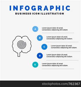 Brain, Head, Hypnosis, Psychology Line icon with 5 steps presentation infographics Background