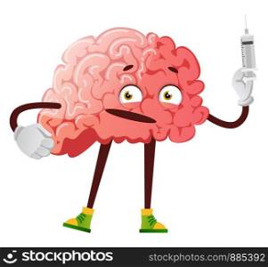 Brain holding a injection, illustration, vector on white background.