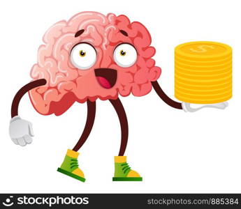 Brain holding coins in hand, illustration, vector on white background.