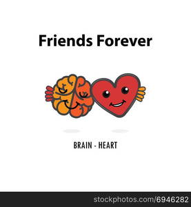 Brain icon and heart vector logo design template.Heart and brain cartoon character with Friends forever concept.Vector illustration.