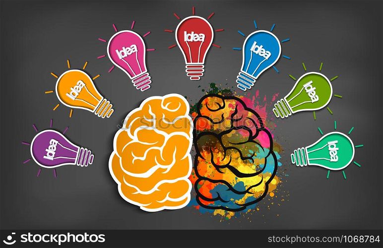 brain icon head with multiple light bulb sparking Many color idea in business. modern creativity. drawing on blackboard background. open mind. Vector illustration