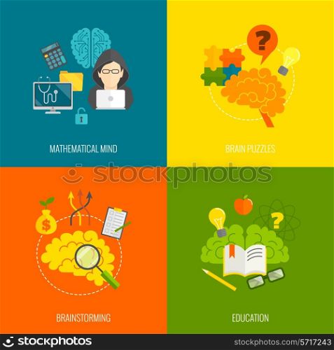 Brain icons flat set with mathematical mind puzzle brainstorming education isolated vector illustration