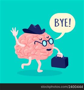 Brain in hat and glasses saying bye with suitcase flat vector illustration .  Brain In Hat Illustration 