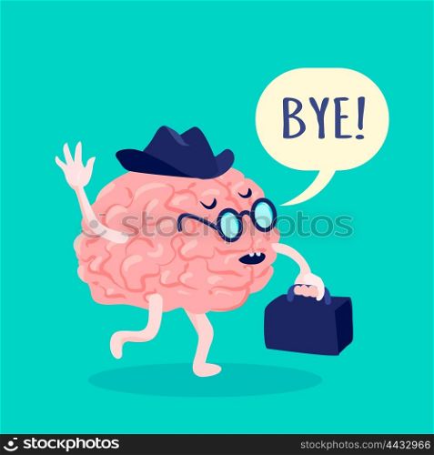 Brain In Hat Illustration . Brain in hat and glasses saying bye with suitcase flat vector illustration