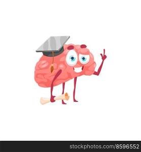 Brain in mortarboard hat and diploma or certificate in hands graduating from college or university isolated flat cartoon character. Vector clever mind, healthy human nervous system organ graduation. Clever brain emoticon with diploma in hat isolated