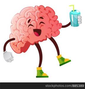 Brain is enjoying a soda, illustration, vector on white background.