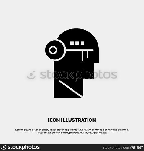 Brain, Key, Lock, Mind, Unlock solid Glyph Icon vector