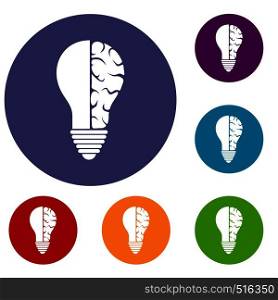 Brain lamp icons set in flat circle red, blue and green color for web. Brain lamp icons set