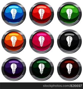 Brain lamp set icon isolated on white. 9 icon collection vector illustration. Brain lamp set 9 collection