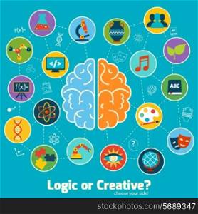 Brain left logic and right creative hemispheres concept with science icons set vector illustration