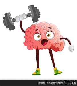 Brain lifting weights, illustration, vector on white background.