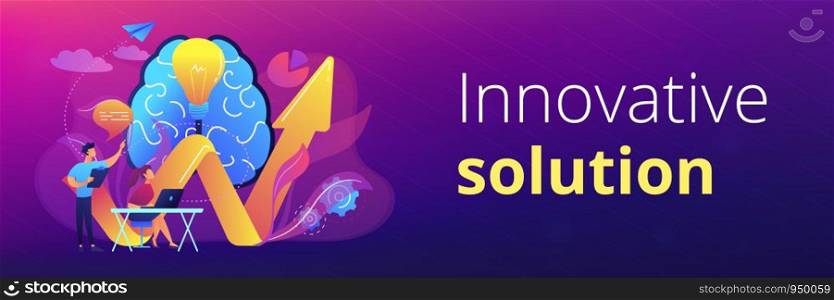Brain, lightbulb and business team solving problem. Innovative solution, problem-solving and crisis management concept on white background. Header or footer banner template with copy space.. Innovative solution concept banner header.