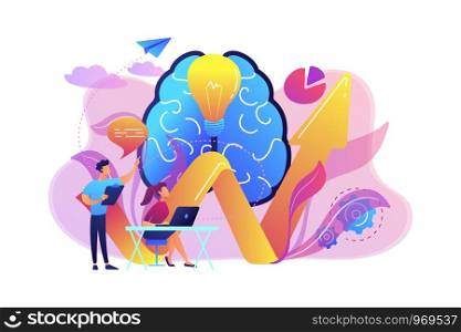 Brain, lightbulb and business team solving problem. Innovative solution, problem-solving and crisis management concept on white background. Bright vibrant violet vector isolated illustration. Innovative solution concept vector illustration.