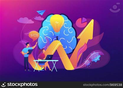 Brain, lightbulb and business team solving problem. Innovative solution, problem-solving and crisis management concept on ultraviolet background. Bright vibrant violet vector isolated illustration. Innovative solution concept vector illustration.