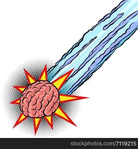 brain meteor. the intelligence of the human mind. Comic cartoon pop art retro vector drawing illustration. brain meteor. the intelligence of the human mind
