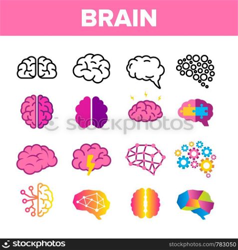 Brain, Neurology Organ Vector Linear Icons Set. Human Brain, Brain-shaped Stylized Speech Bubble Thin Line Pictograms. Jigsaw Pieces, Cogwheels, Lightning Representing Thinking Process Color Symbols. Brain, Neurology Organ Vector Linear Icons Set