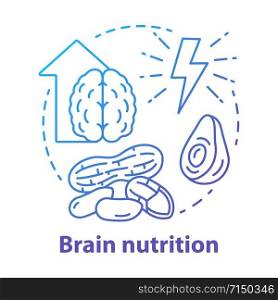 Brain nutrition blue gradient concept icon. Keto diet idea thin line illustration. Ketogenic food. Healthy meal, snacks. Different nuts. Energy resource. Vector isolated outline drawing